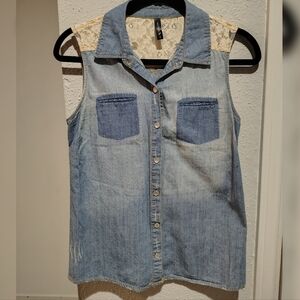 FULL TILT Sleeveless Denim Button-Down Shirt with Lace Accent